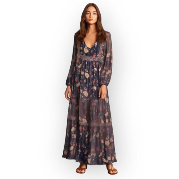 Faherty **Floral Prairie Dress** 100% Viscose Midnight Blue L - Picture 8 of 13